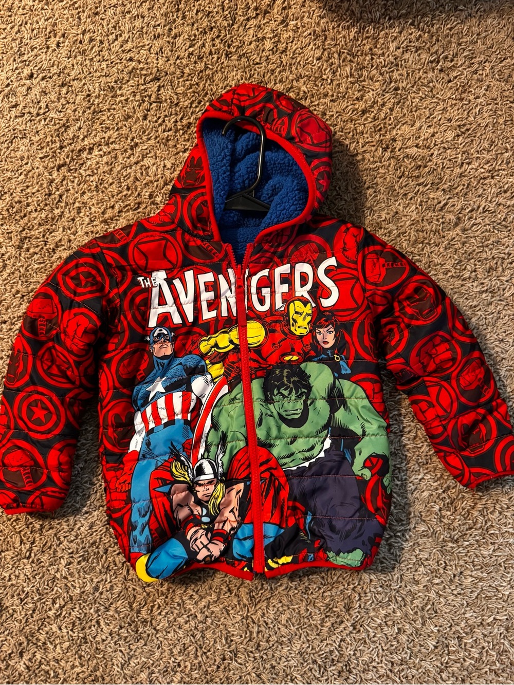 Kids Red Avengers Hooded Puffer Jacket with Blue Sherpa Lining